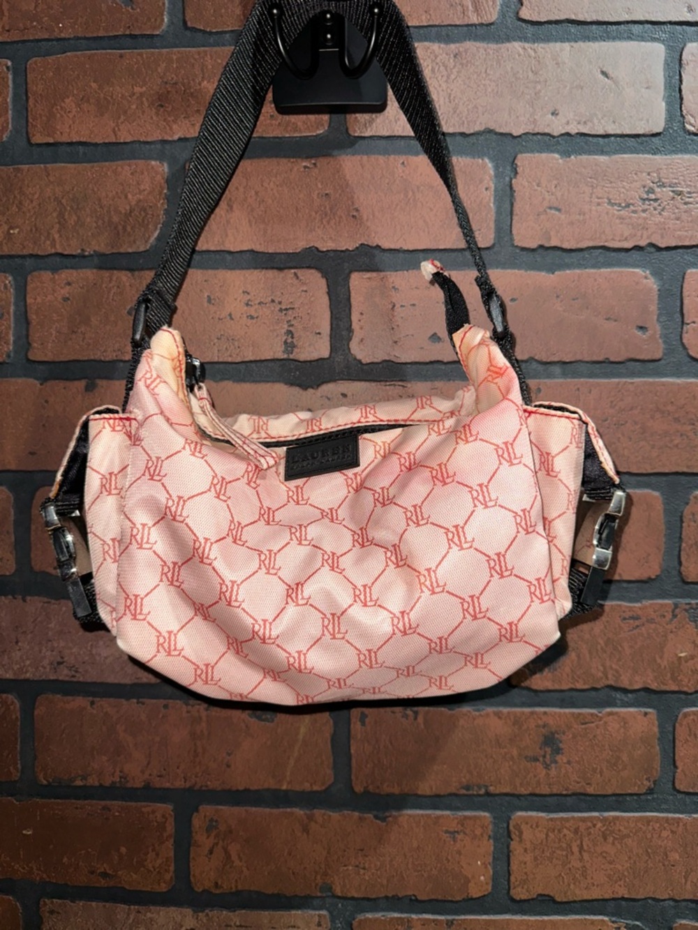 Lauren Ralph Lauren Pink Monogram Shoulder Bag with Black Strap